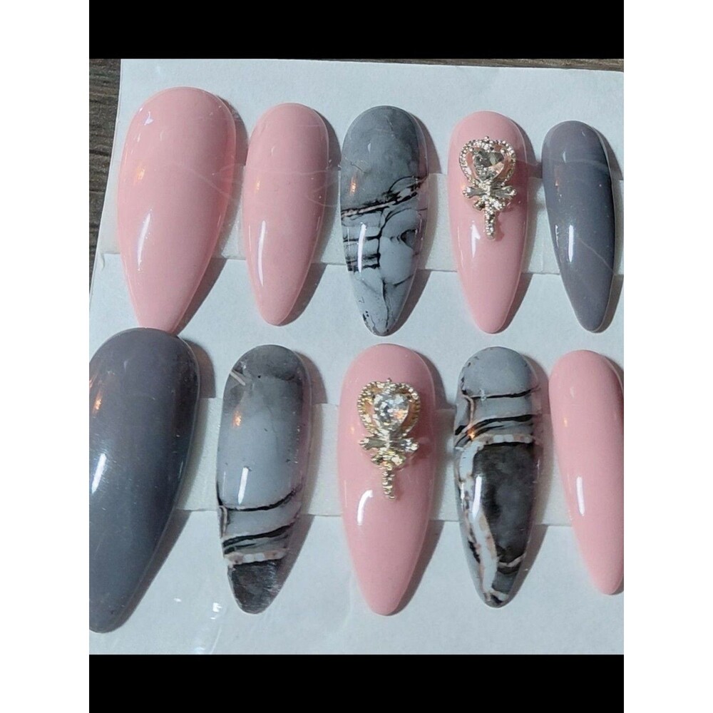4/$40 ***Summer Sale***Pink & Gray Marble Handmade Gel Press-On Nails